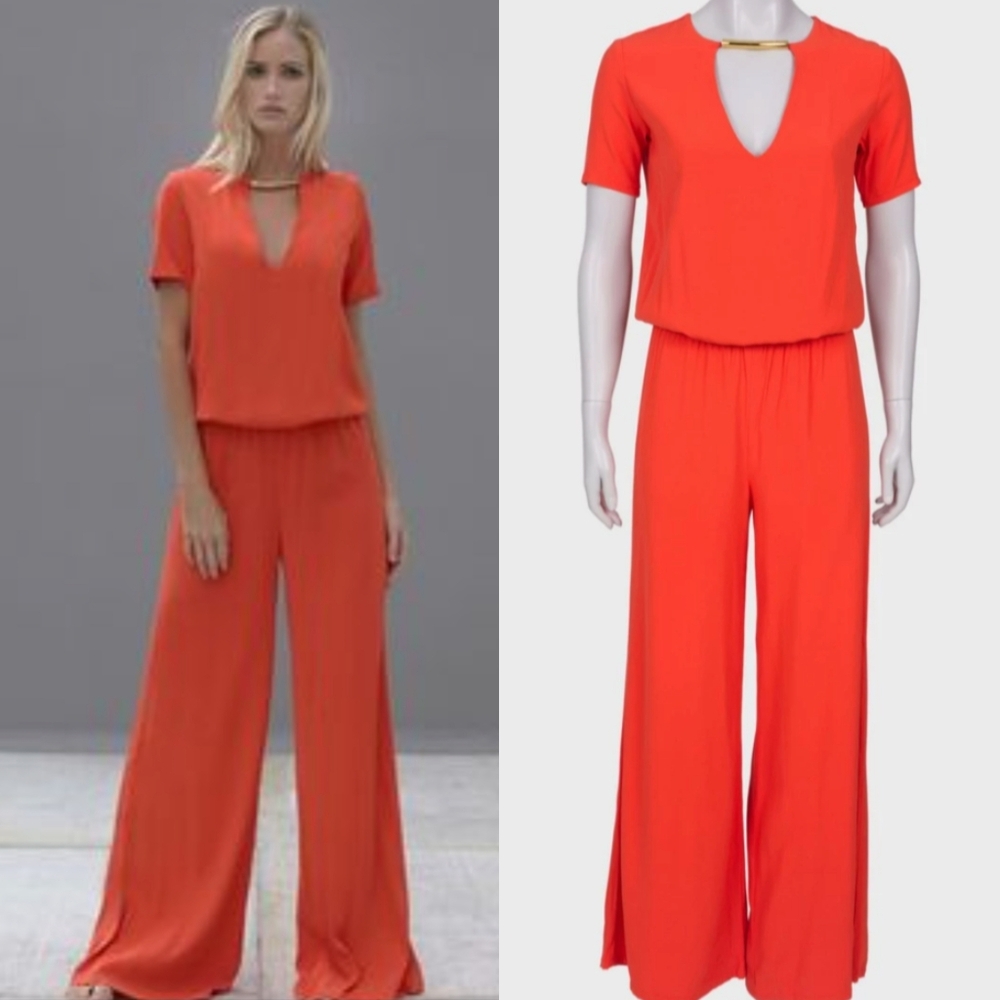 Alexis Coral Gold Accent Wide Leg Jumpsuit XS - Bright Colorful Summer Metal
